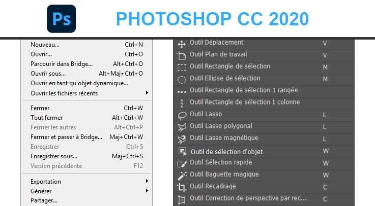 Raccourcis des outils et des menus de Photoshop CC 2020