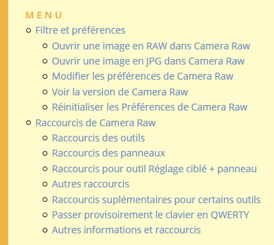 Menu pour Raccourcis Camera Raw