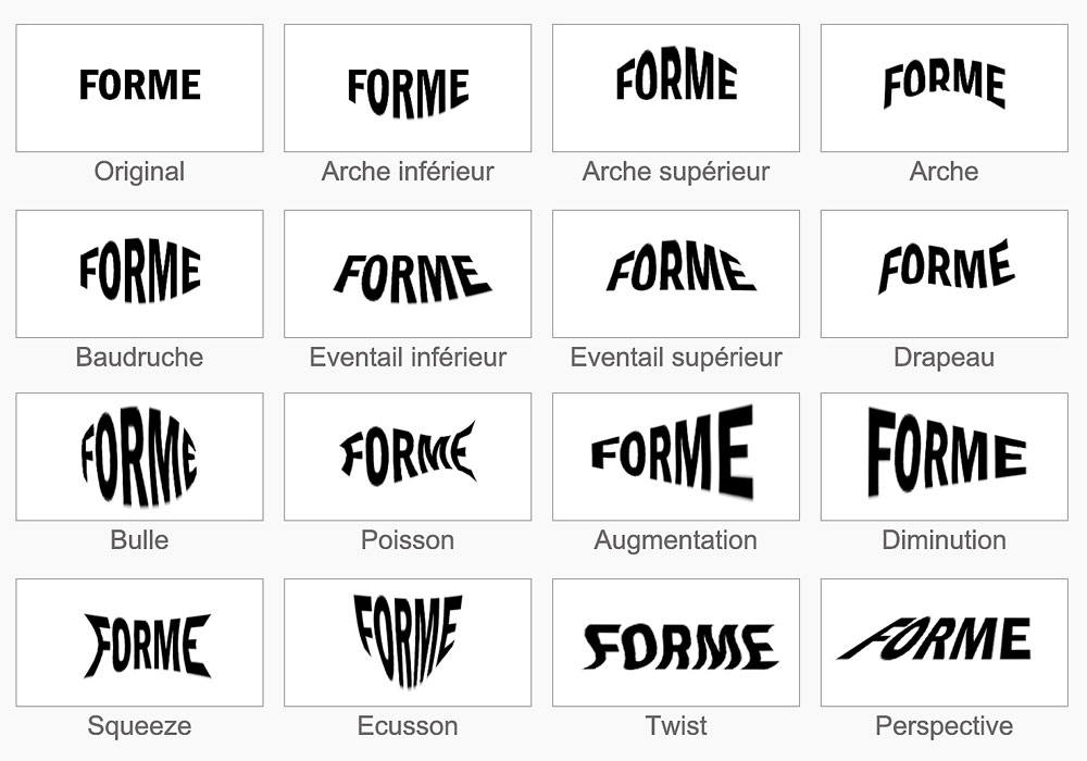 Aperçu des différentes deformations de texte