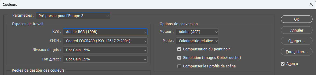 Paramètre prédéfini pour Adobe RGB