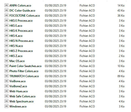 Liste des autres nuanciers dans Photoshop 2025