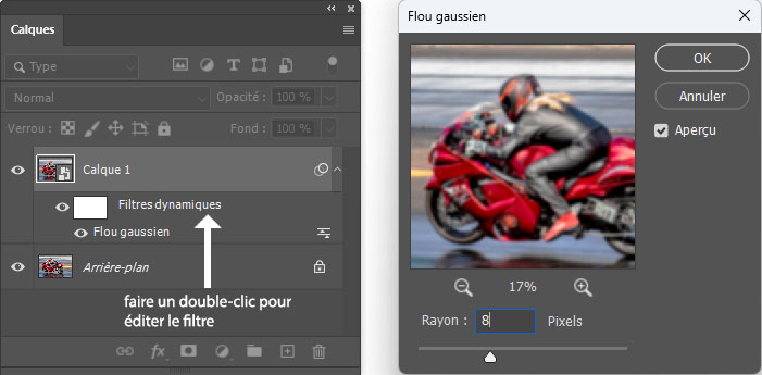 Exemple d'édition d'un filtre dynamique (Flou gaussien) Exemple d'édition d'un filtre dynamique (Flou gaussien)