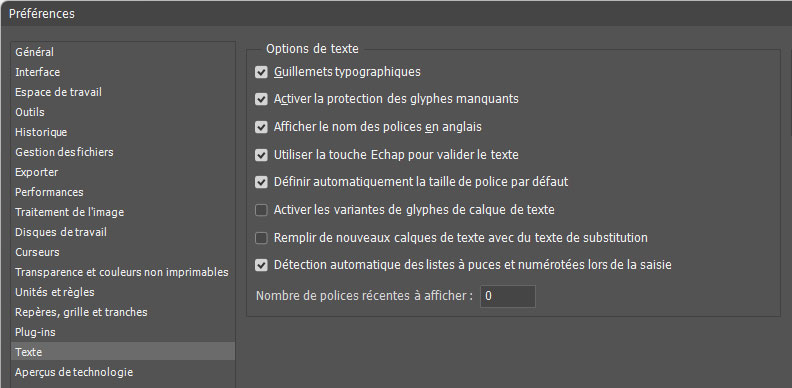 Préférences du texte