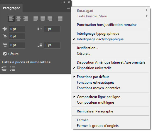 Menu du panneau Paragraphe