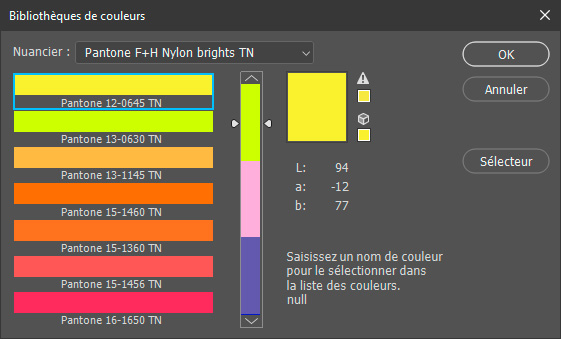 Bibliothèques de couleurs Pantone F+H Nylon brights