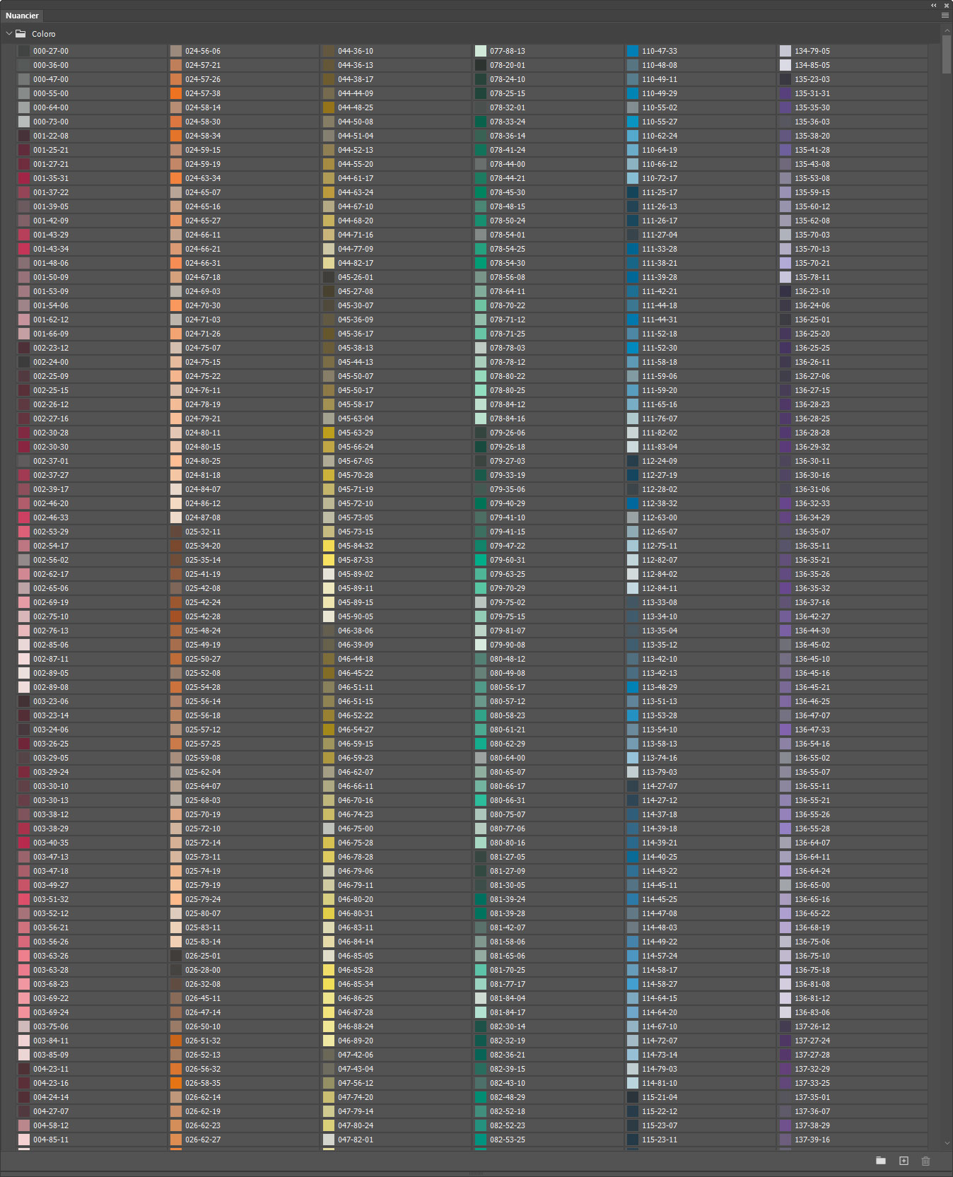 Nuancier Coloro avec références (extrait)