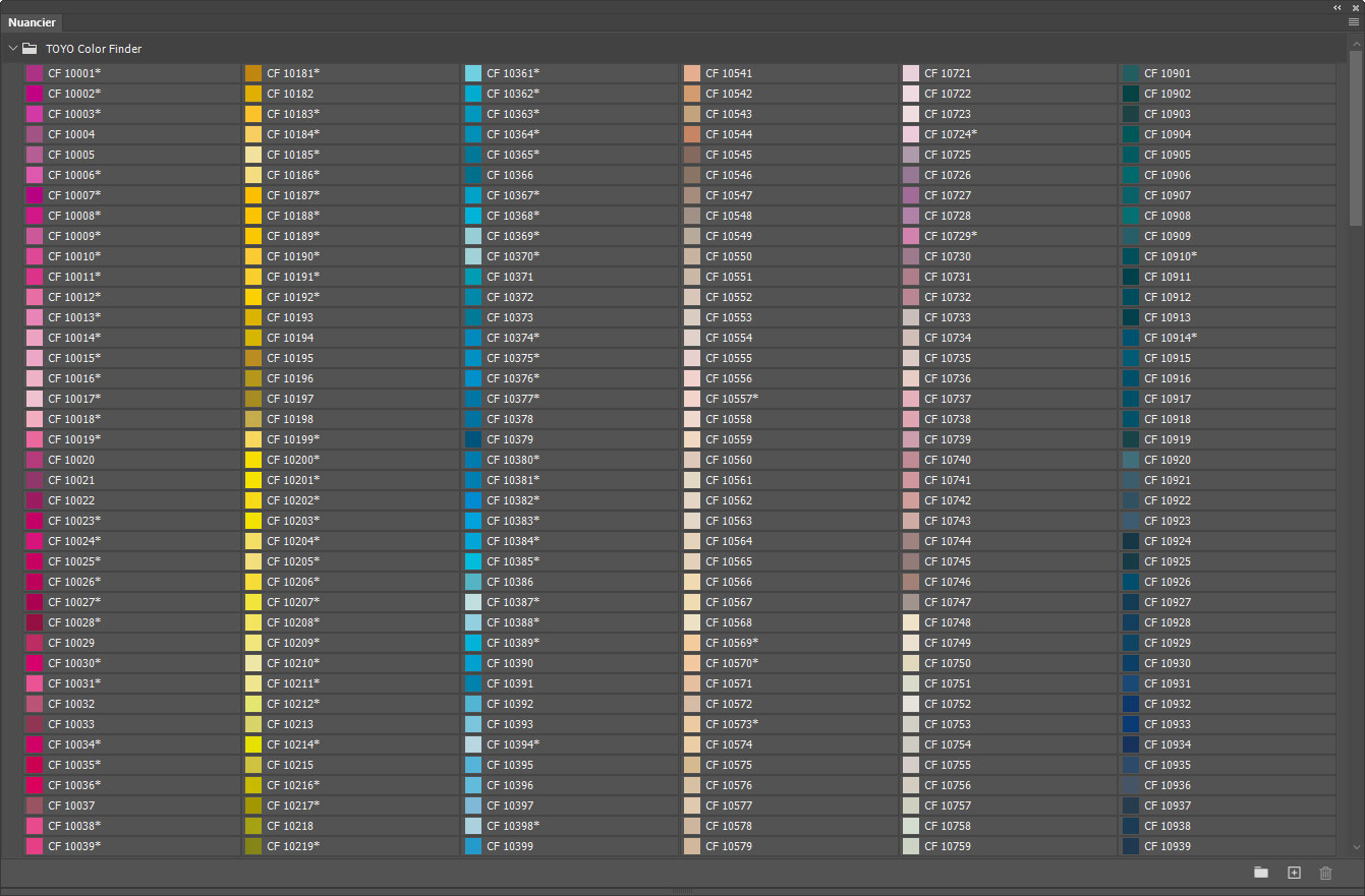 Nuancier TOYO Color Finder, avec références (extrait) Nuancier TOYO Color Finder, avec références (extrait)