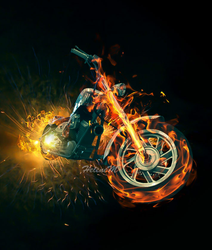 Photomontage, moto en feu