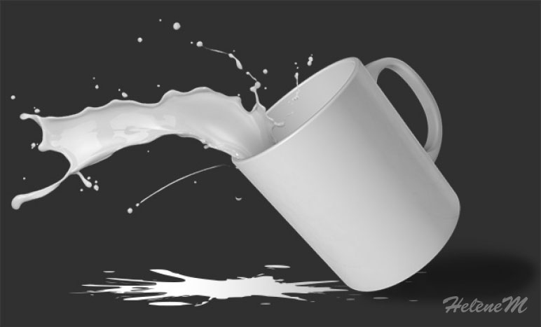 Photomontage, tasse de lait renversée