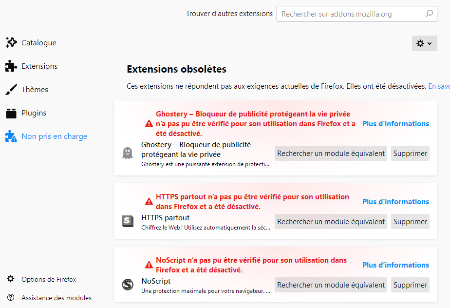 Firefox désactive les extensions