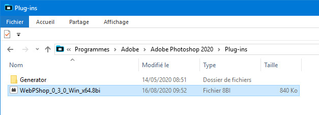 Coller le fichier .8bi dans le sous-dossier de Photoshop