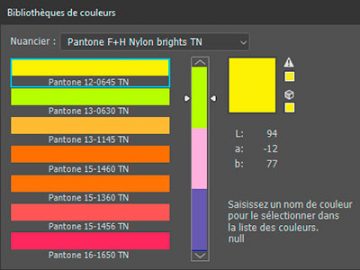 Bibliothèque de couleurs : Pantone F+H Nylon brights Bibliothèque de couleurs Pantone F+H Nylon brights